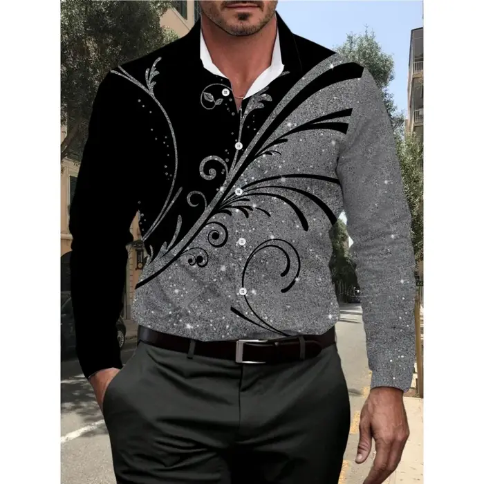 Chemise pour homme à imprimé pailleté, manches longues, motif géométrique, décontractée, col à rever