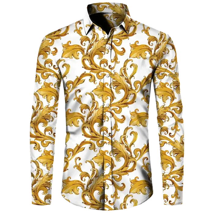 Chemises imprimées à motif de fleurs dorées pour hommes, cardigan décontracté à simple boutonnage, c