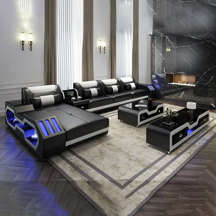 Ensemble de canapé moderne éclairé par LED avec fauteuil inclinable, appui-tête et console réglables