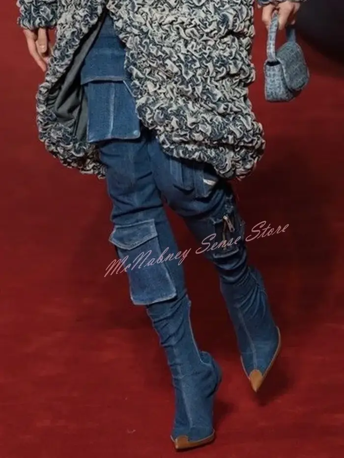 Bottes à lanières de poche en denim pour femmes, chaussures pointues Parker, talons aiguilles, cuiss