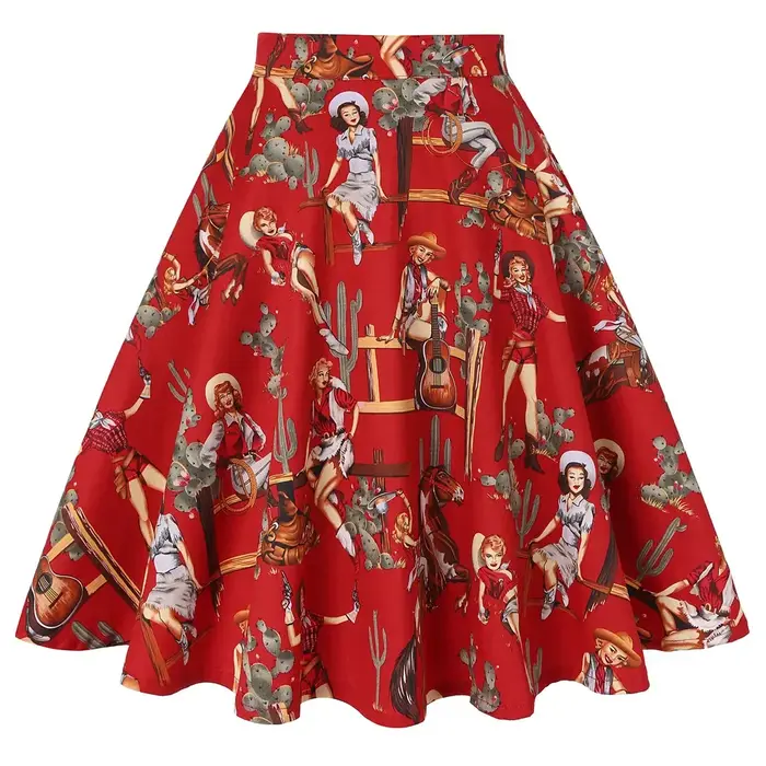 Petit rouge à pois coton femmes Sexy Midi jupe d'été Pin Up taille haute rétro Vintage Rockabilly 50