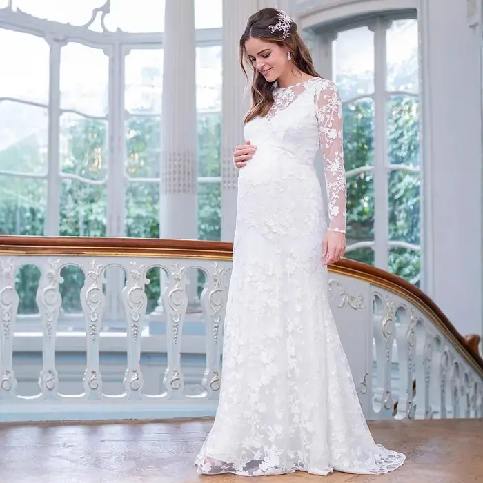 ALTERFull-Robe Longue Maxi en Dentelle, Manches sulf, en Forme de V, Ourlet au Dos, Bouffante, pour 