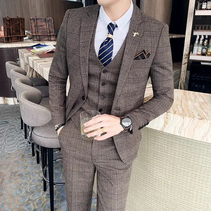 Ensemble de Banquet de Mariage à Carreaux pour Homme, Costume, Gilet, Pantalon, Grande Taille 5XL-M,