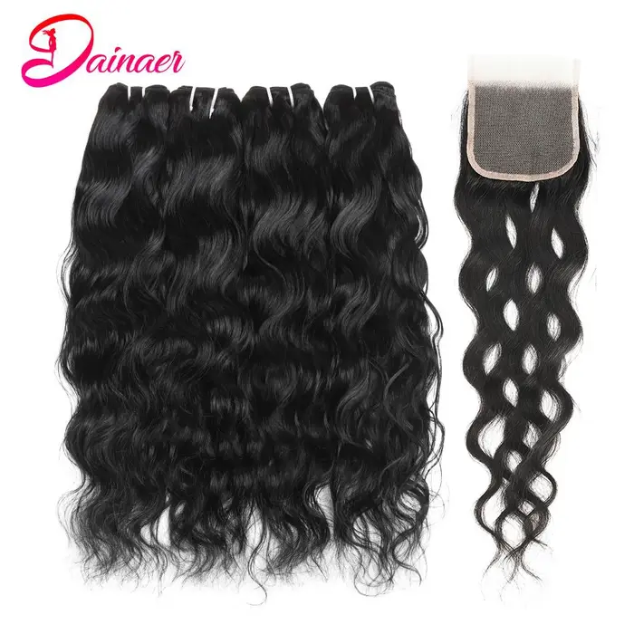 Extensions de Cheveux Péruviens Naturels Ondulés avec Fermeture, Mèches 100% Naturelles Remy, 4x4