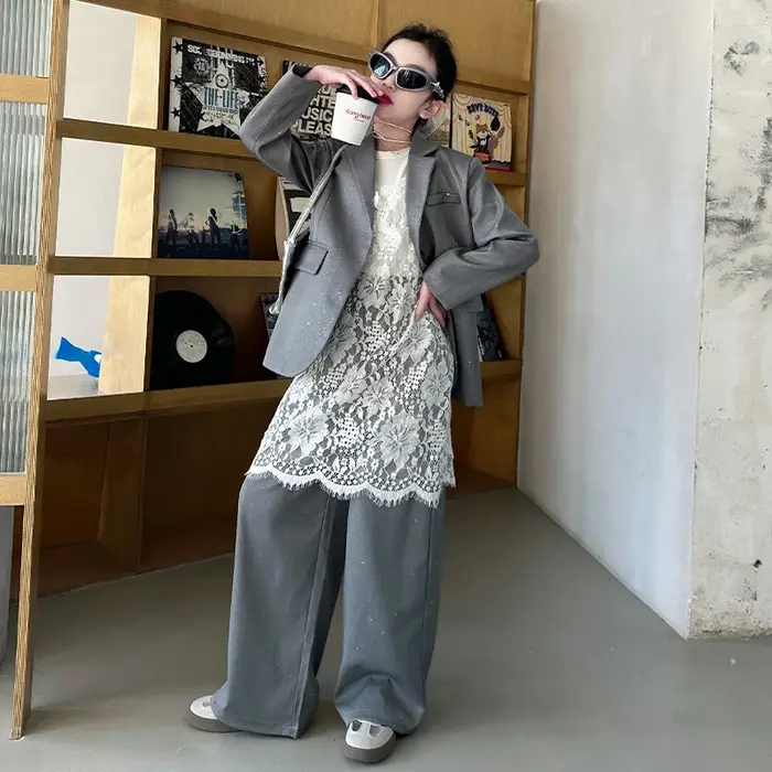 Design adolescente costume brillant ensemble noir gris Blazer + pantalon à jambes larges 2pc junior 