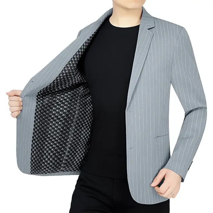 Blazer Homme Printemps-Automne Rayé Fin Col Rabattu Veste de Costume Respirante à Manches Longues av