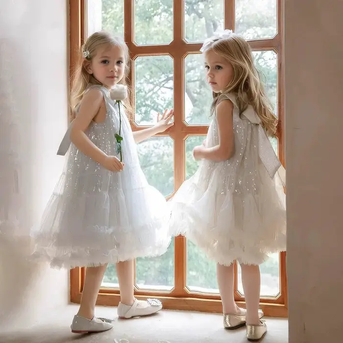 Robe d'été UNITIM pour fille, col Peter Pan, en maille scintillante, robe de princesse pour fête d'a