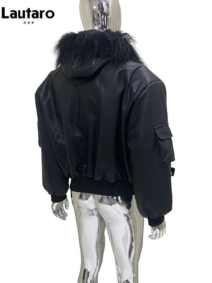 Mauroicardi automne hiver court surdimensionné noir chaud veste en cuir Pu hommes avec fausse fourru