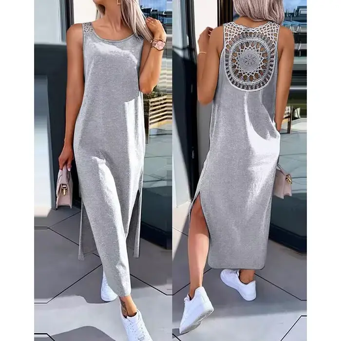 Robe d'été sans manches, ajourée, Sexy, ample, mode, fente unie, robes décontractées, col rond, mi-l