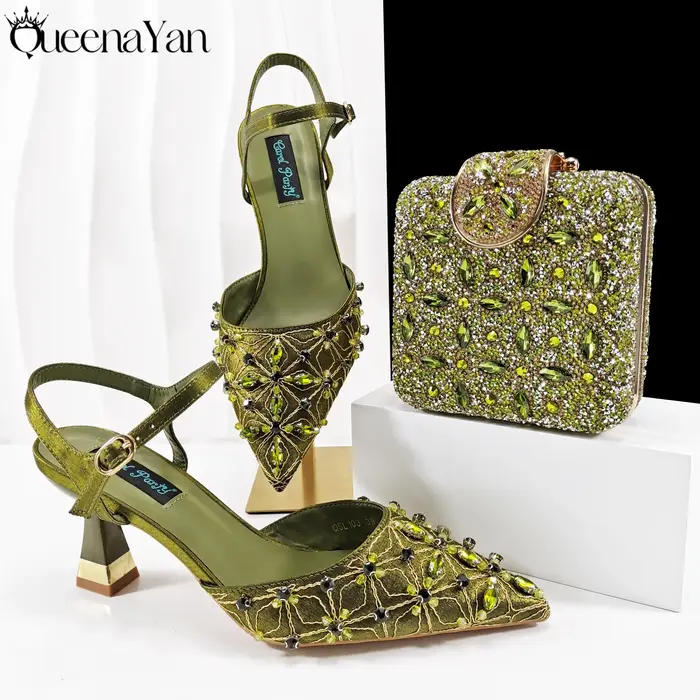 Ensemble de talons hauts et de sacs brodés pour femmes, Style Mature élégant, couleur Olive, bout po