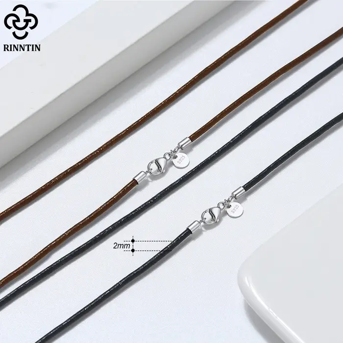 Rinntin véritable italien 2mm marron cuir cordon chaîne collier pour femmes hommes avec 925 en argen