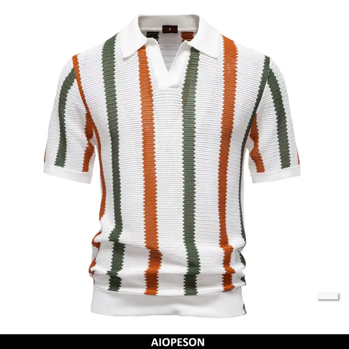AIOPESON Polo en tricot côtelé pour homme pour tenue décontracté à rayures respirantes avec col conf