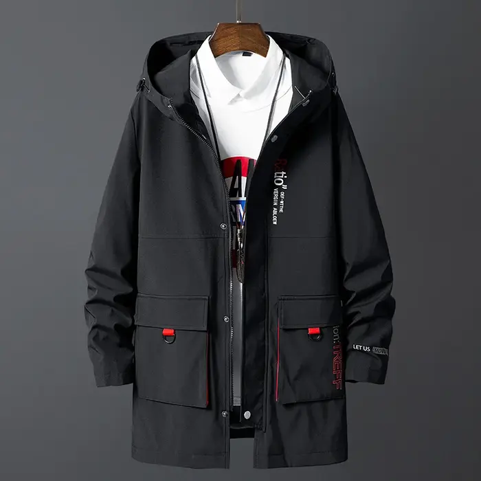 Veste coupe-vent noire surdimensionnée pour hommes, manteau long, mode coréenne, vêtements décontrac