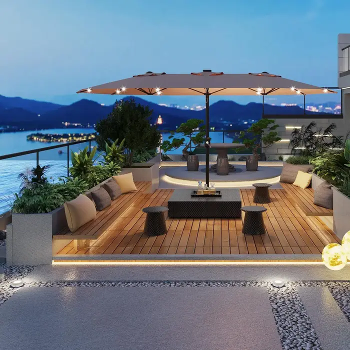 Parasol de patio extérieur de 15 pieds avec lumières LED solaires et base, grand pare-soleil rectang
