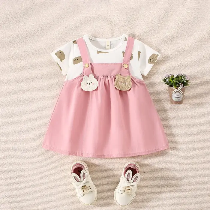 Robe d'été en coton pour petites filles, imprimé ours en peluche, manches courtes, fausse robe à bre