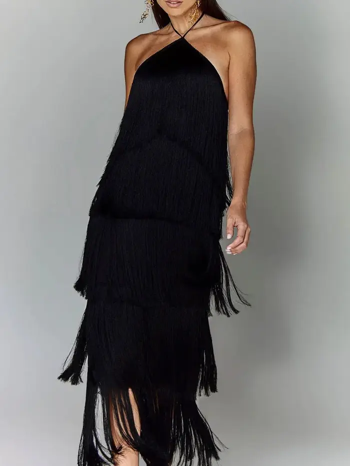 Robe maxi patchwork à pampilles pour femmes, robe de soirée à col licou en fibre, robe monochrome po