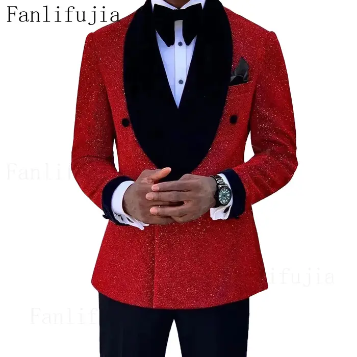 Fanlifujia luxe rouge paillettes costumes hommes marié mariage smoking Double boutonnage Blazer form