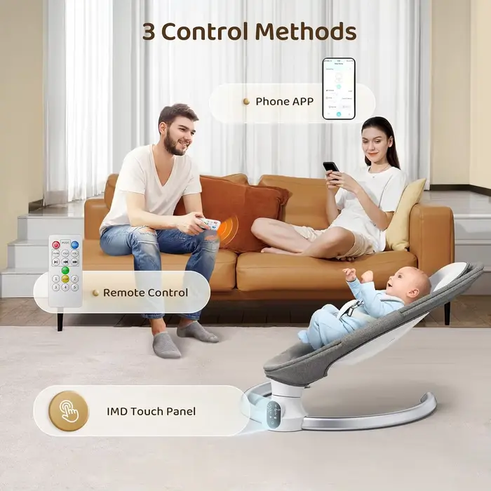 Balançoire électrique grise pour bébé, chaise longue avec télécommande et application de style comma