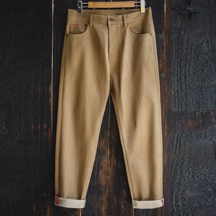 Maden hommes Vintage 11.7oz lisière jean brut kaki jambe droite coton Cowboy pantalon décontracté Zi