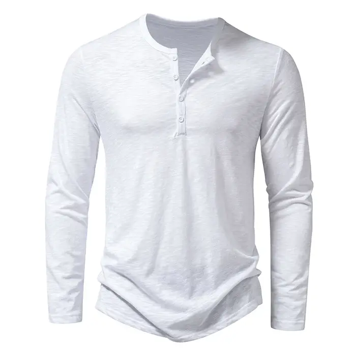 Nouveau hommes coton Henley t-shirt à manches longues T-Shirts basique décontracté bouton col respir