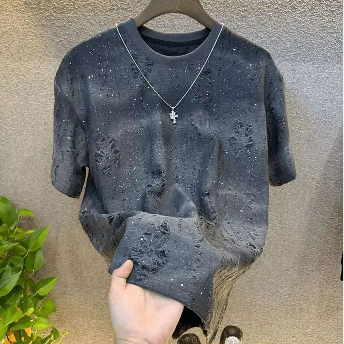 Été larme hommes vêtements été strass Rivet T-shirt col rond T-shirt style décontracté Version corée