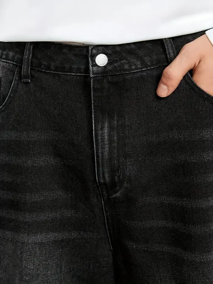 Jean à jambes larges en denim noir coupe ample pour hommes avec détails de lavage brut – Vêtements c