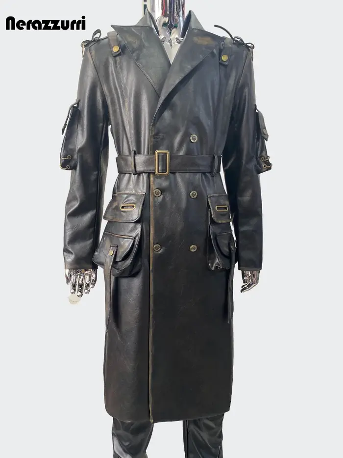 Nerazzurri printemps automne Cool Long imperméable en détresse noir Pu cuir Trench manteau hommes ce