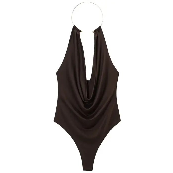 HXAO marron licou body femmes été body pour femmes Sexy épaules nues sans manches string body avec d