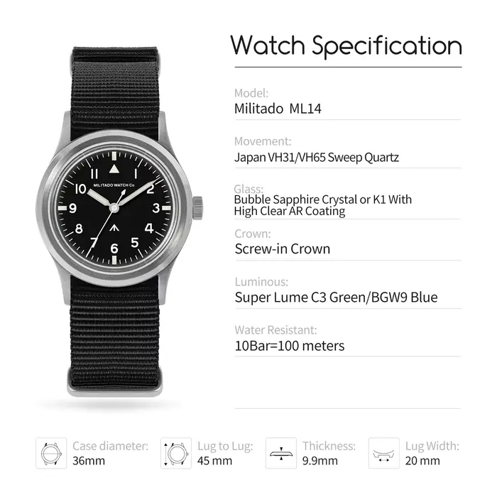 Militado ML14 36mm montre VH31 balayage deuxième mouvement à Quartz montre saphir cristal Super lumi