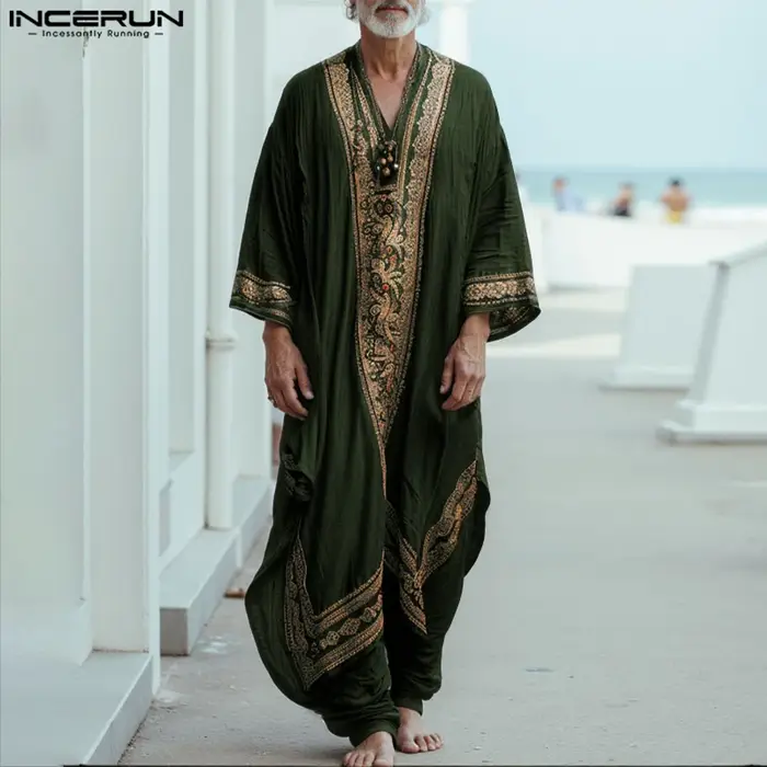 INCERUN hommes Jubba Thobe impression Patchwork col en V à manches longues hommes Robes caftan musul