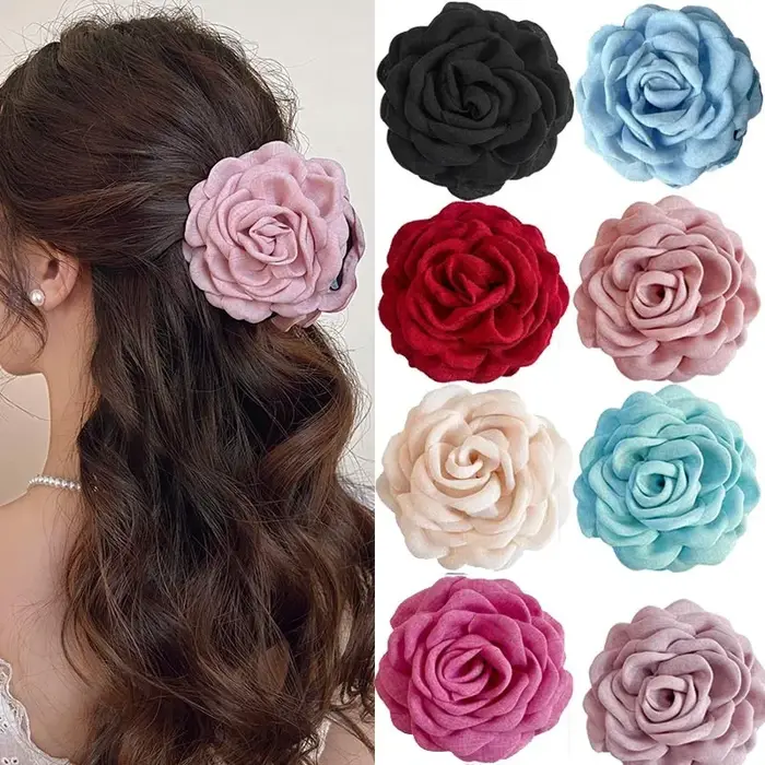 Pince à cheveux française romantique en forme de fleur de Rose pour femmes, grande pince à requin él