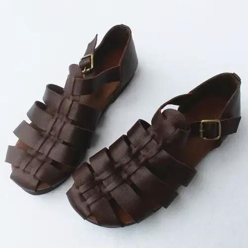 Careaymade-Sandales d'été en cuir de cirhide première couche, chaussures plates japonaises rétro à s