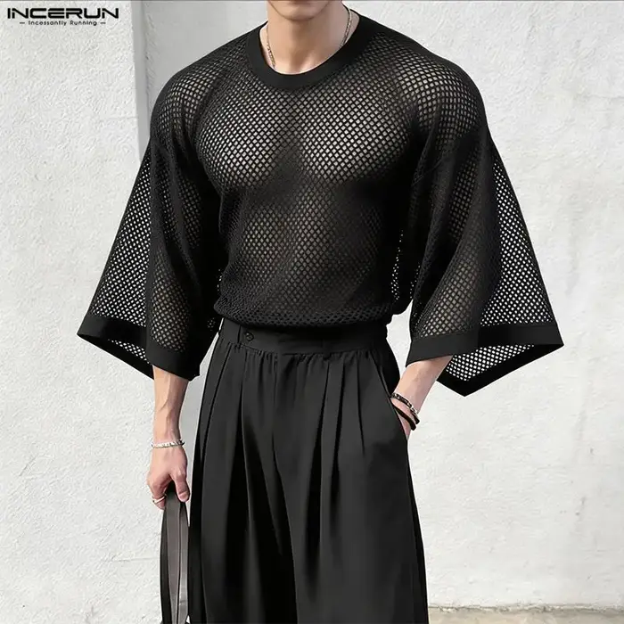 INCERUN T-shirt Homme Uni en Maille Transparente Sexy Oversize Vêtements Streetwear 2026 Manches 3/4