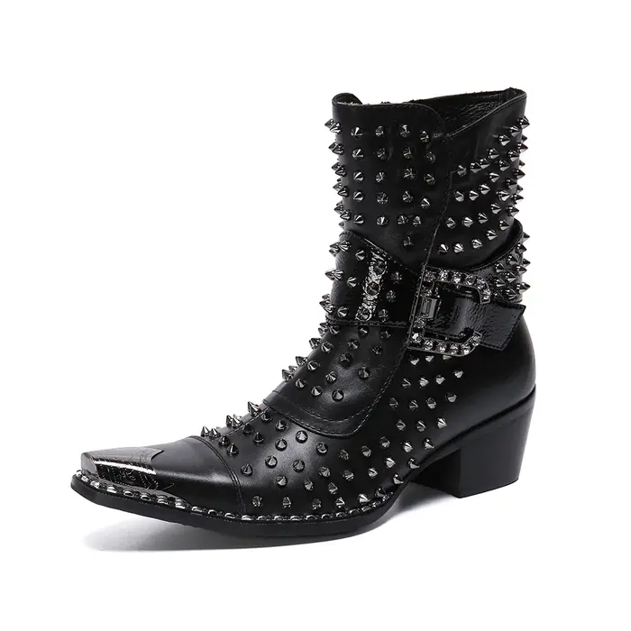 Bottes en cuir pointues à talons hauts pour hommes, chaussures de qualité, rivet, personnalité, chan