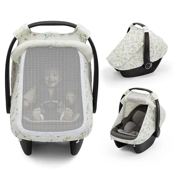 Housse de siège auto pour bébé en coton mousseline respirant avec grande fenêtre en maille, auvent d