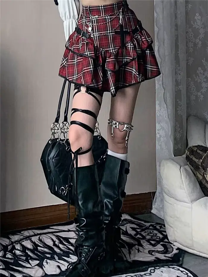 AltGoth Punk gothique rouge jupe à carreaux femmes Vintage Y2k e-girl Emo Alt taille haute gâteau ju