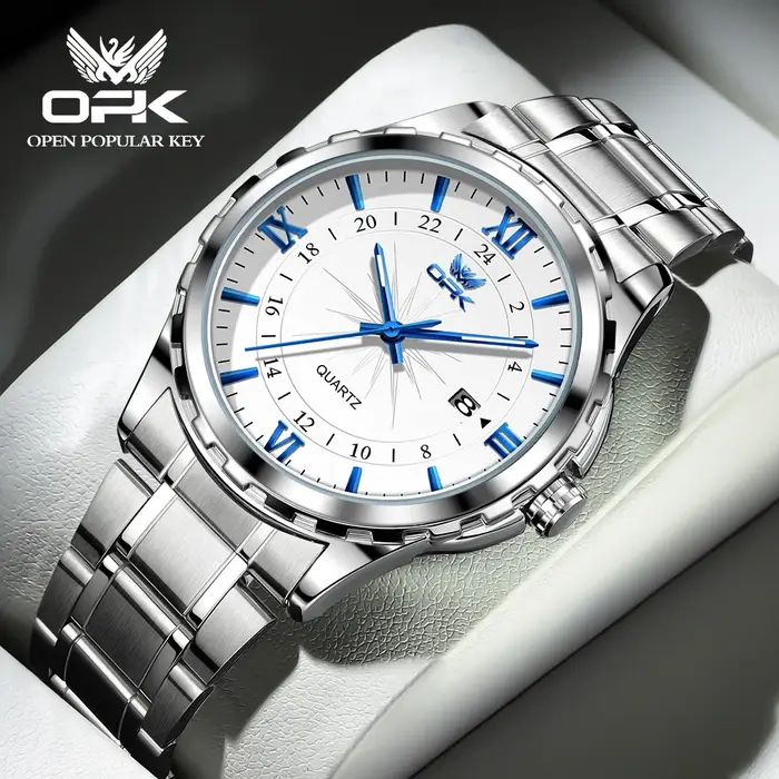 Montre à quartz pour hommes avec ceinture en acier de marque OPK à double calendrier 6003