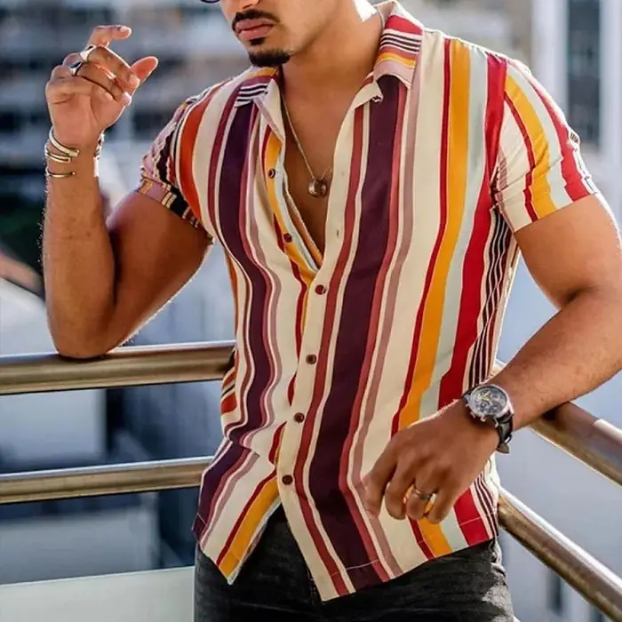 Nouveaux hommes chemises mode rayures imprimer à manches courtes t-shirts été hauts hommes col rabat