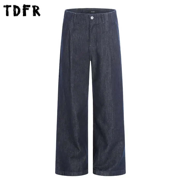 Rétro Simple jean hommes plissé décontracté lavé en détresse Baggy jambe large bleu Denim pantalon h
