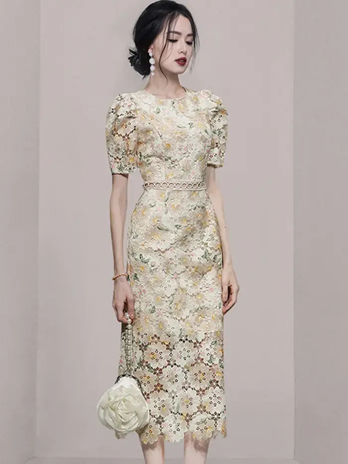 SMTHMA-Robe ajourée en dentelle brodée pour femme, manches courtes, vêtements féminins élégants, nou