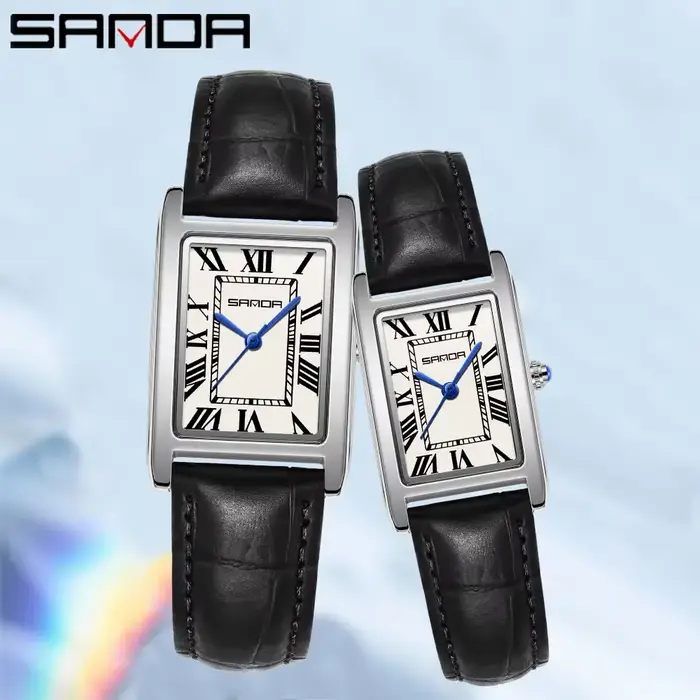 SANDA luxe réservoir Couple montre résistant à l'usure bracelet en cuir cadran carré étanche Sport d