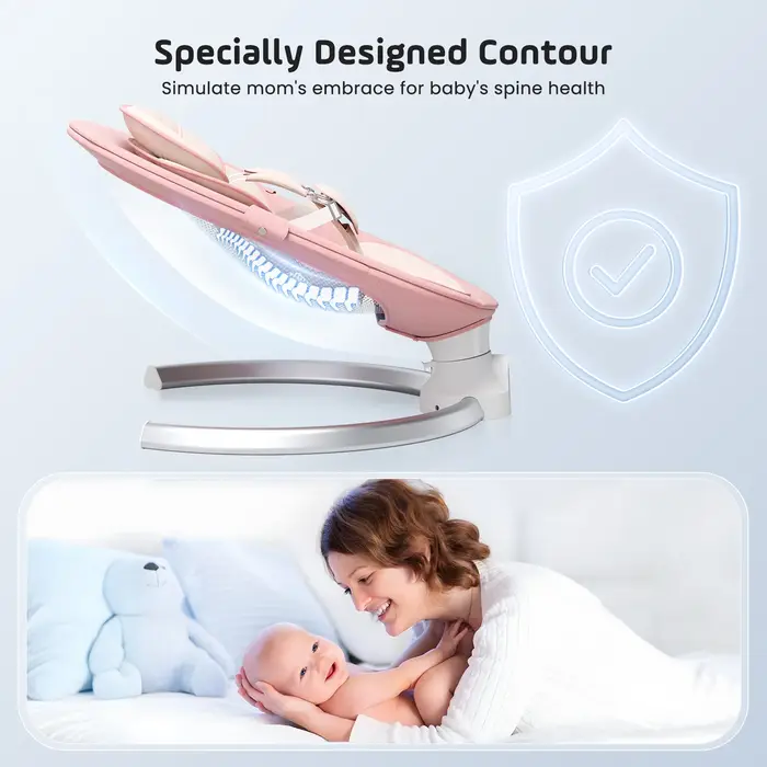 Balançoire électrique pour bébé avec minuteries programmables, application, télécommande, 5 vitesses, 10 musiques Bluetooth rose pour divertissement et apaisement