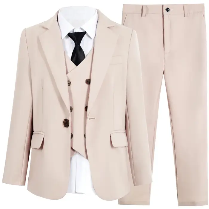 Ensemble de costume formel beige pour garçons, 4 pièces, vêtements de scène, revers cranté, ensemble