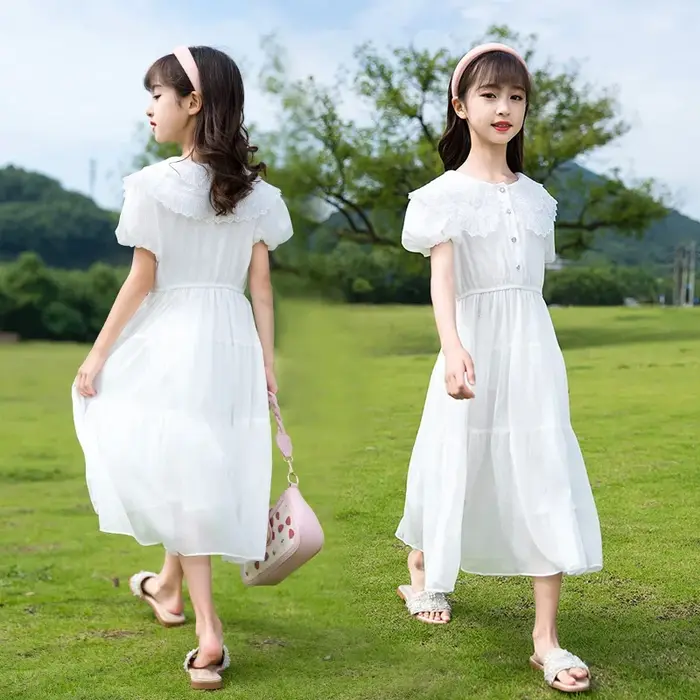 Robe de princesse en mousseline de soie pour adolescentes, vêtements éducatifs en dentelle blanche, 