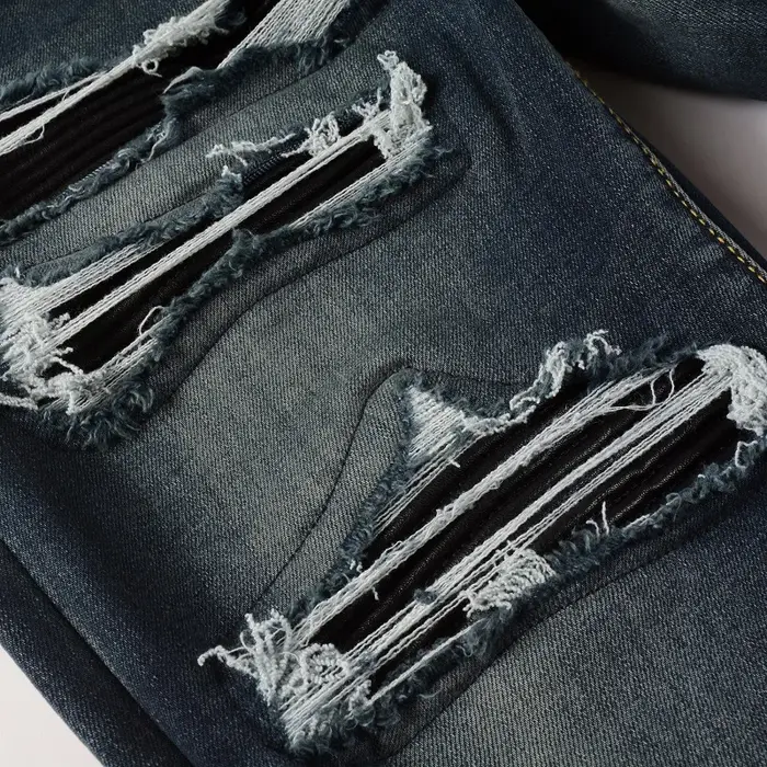 Jean en Denim pour hommes, patchs en cuir noir, Streetwear, pantalon slim conique, trous déchirés, p