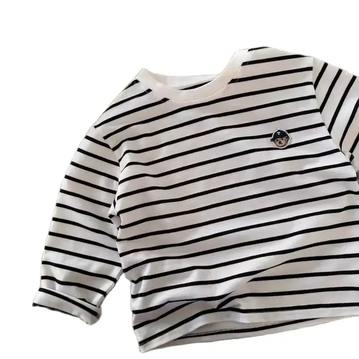 T-shirt à manches longues pour enfants, chemise de base respirante en pur coton, chemise de base ray