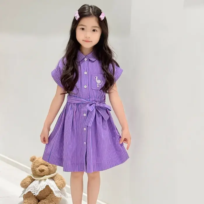 Robe chemise rayée violette pour enfants 2026, manches courtes, col montant, taille nouée, jupe trap