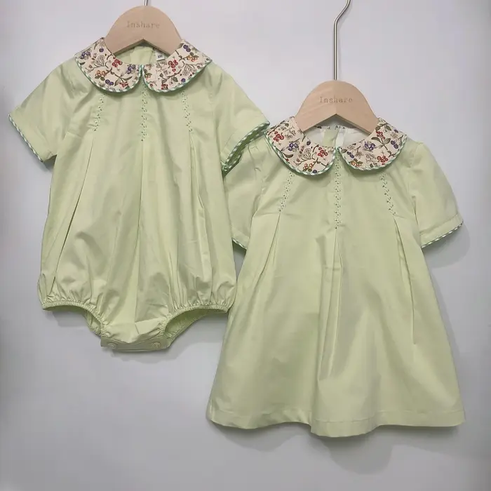 Vêtements de Boutique pour Enfant, Barboteuse à Manches Courtes en Coton Vert, Imprimé Floral, Col à