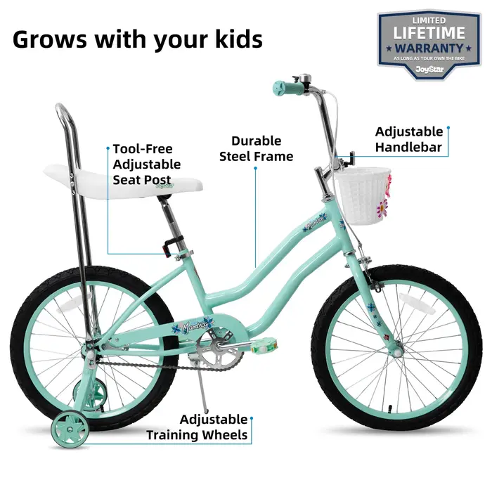 Vélo avec Roues d'Entraînement pour Fille de 6 à 15 Ans, Freins à Main Avant, Siège en Gel, 20 Pouce
