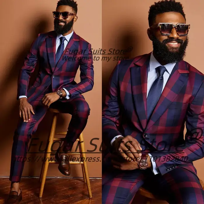 Costumes d'affaires à carreaux pour hommes, sur mesure, coupe ajustée, revers cranté, pour marié, ma